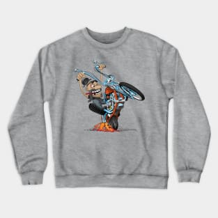 Funny biker riding a chopper, popping a wheelie motorcycle cartoon Crewneck Sweatshirt